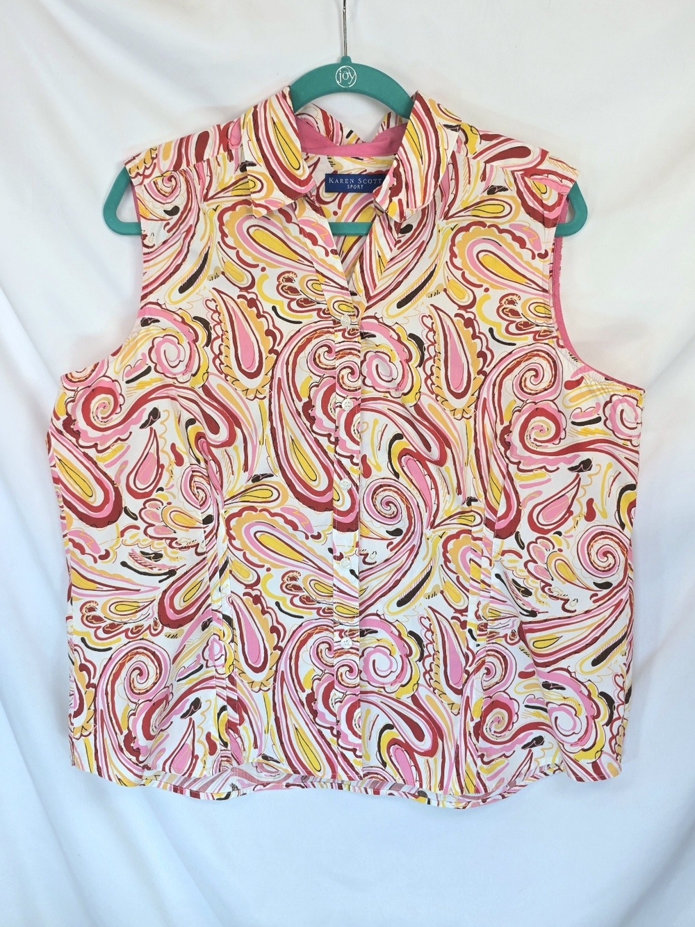 Karen Scott Sport Retro Coquette Sorbet Colors Summer Paisley Cotton Blouse XL